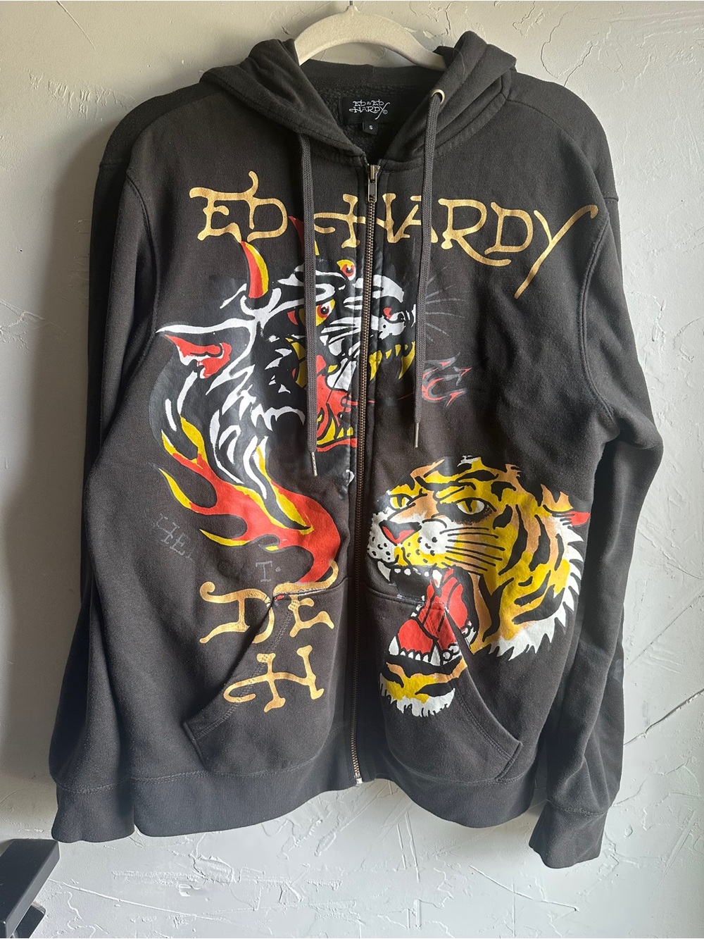 Ed Hardy Tiger Graphic Full Zip Hoodie Y2K Tattoo Streetwear Brown Small